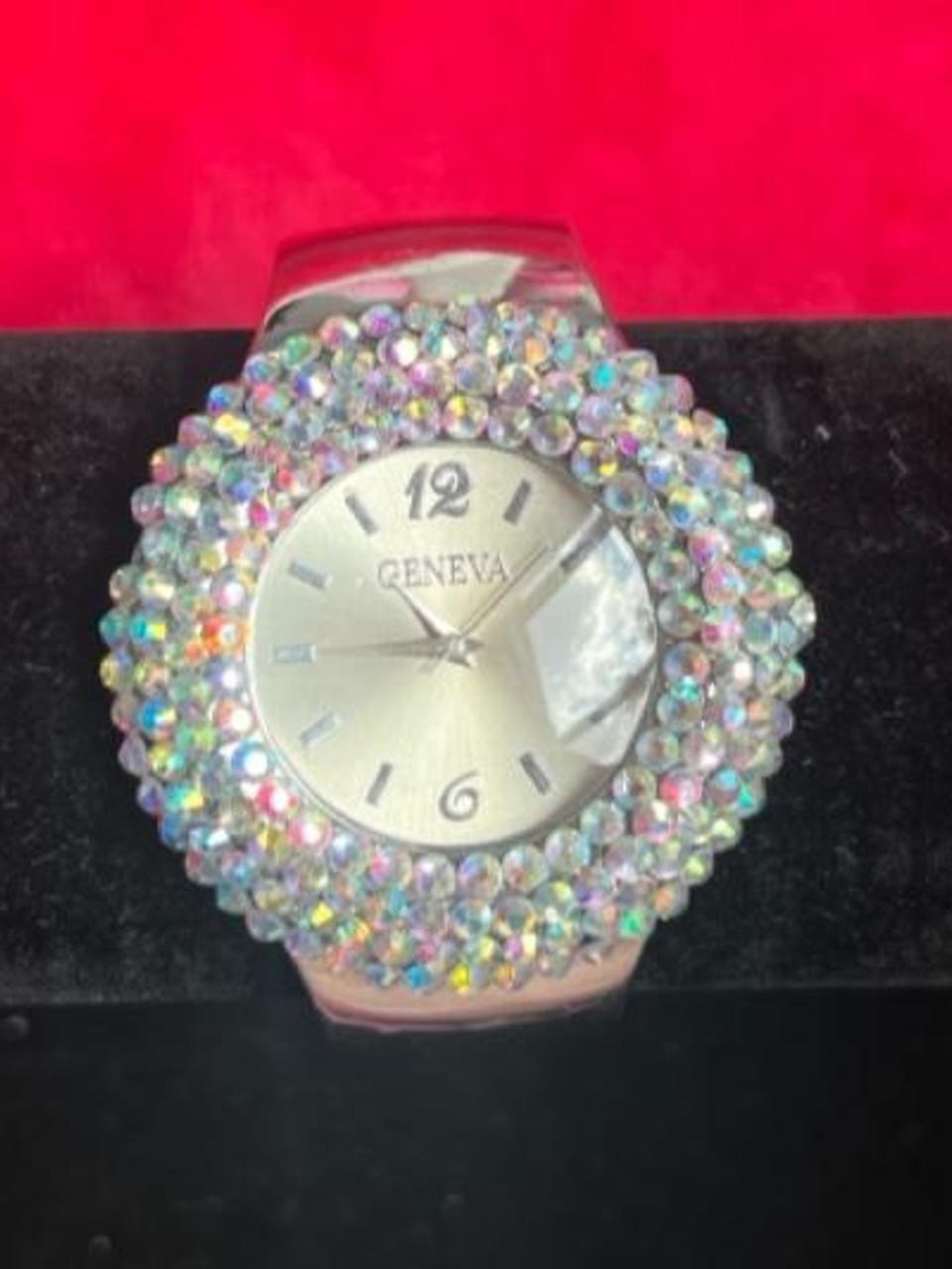 Geneva Silver Dial Women's Watch with Iridescent Crystal Halo